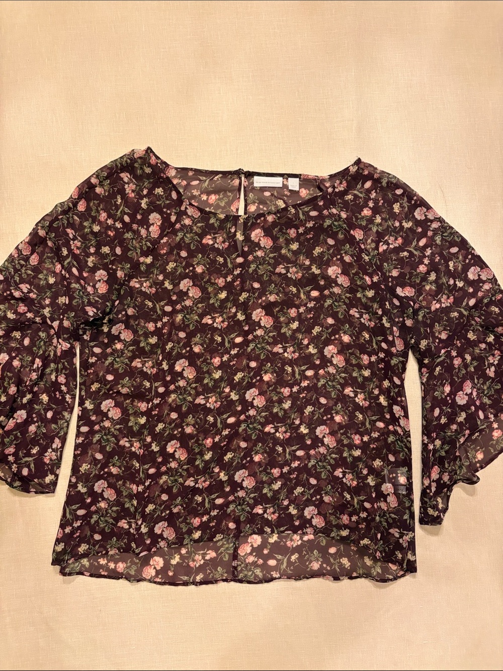 New York & Company Plum Floral Blouse with Pink Roses